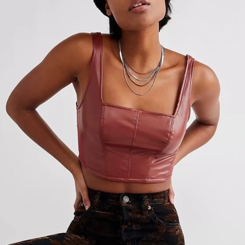 NWT Free People Double Look Corset Top Vegan Leather Cowboy Burgundy XS Fall